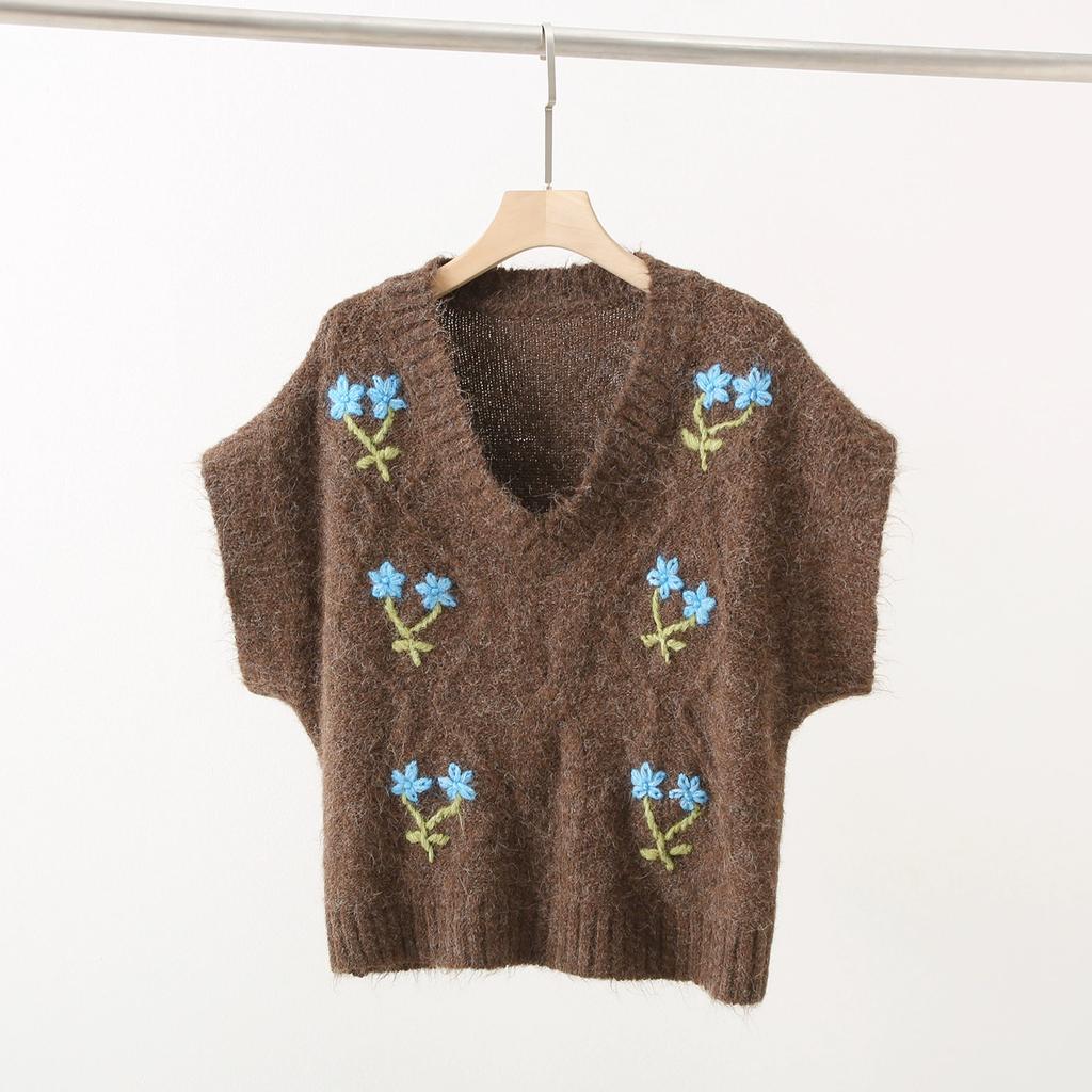 Dimanaf 2025 Autumn Women Bat Vest Sweaters Embroidered Flowers Knitting Buttons Casual Style Loose Sweater