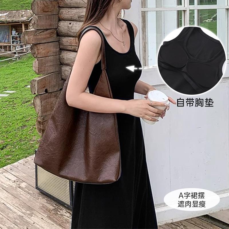 Black Slim-fitting Sleeveless Chest Pad Long Dress Women's Summer Popular New Skirt Slim Small Black Dress
