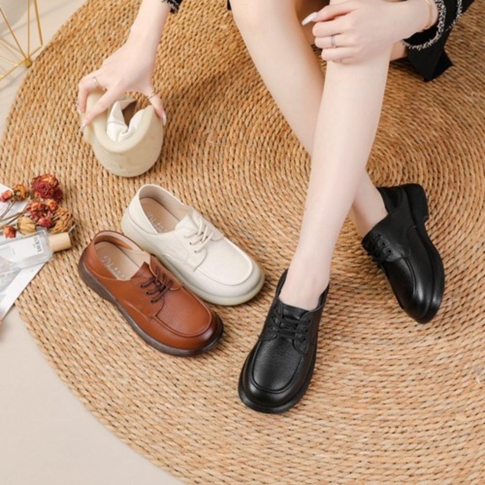 Top‑Layer Cowhide Mom Shoes, Round Toe Low Heel Shallow Mouth Dance Shoes, Breathable Versatile Flat Casual Leather Shoes SA‑2289