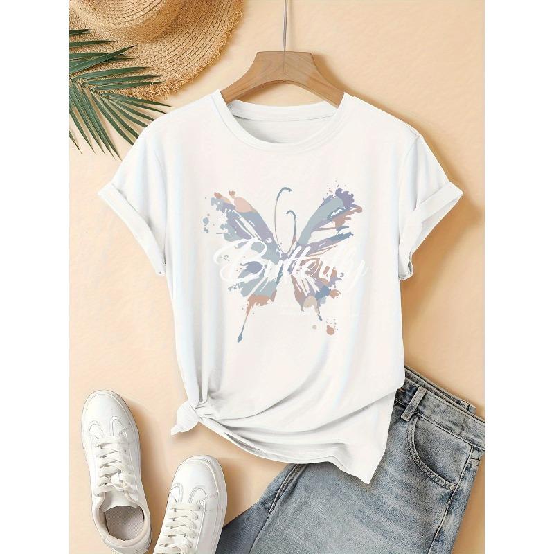 

Women S Casual Butterfly Graphic T-Shirt - Short Sleeve, Round Neck, Black with Blue & White Design, Perfect for Spring & Summer Outfits S белый