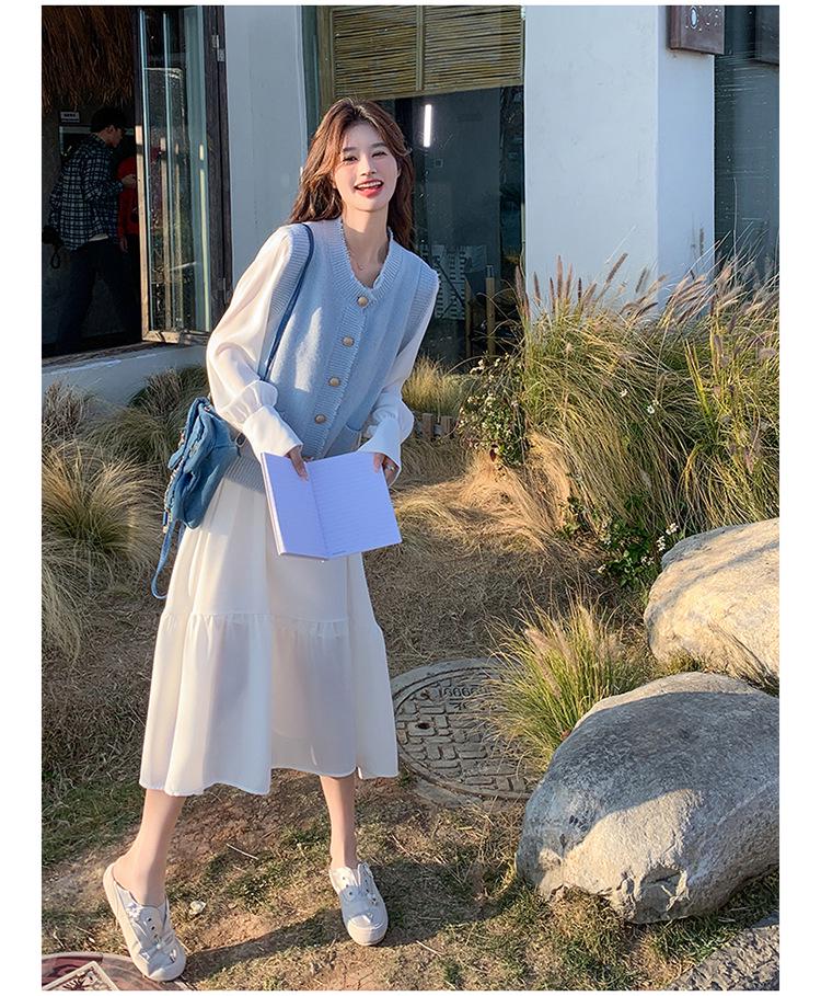 Women's 2024 Spring White Knitted Vest and Dress Suit - Elegant Two-Piece Set