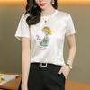 Women's White Silk-Cotton Splicing T-Shirt: 2025 Summer Loose-Fit Korean Style with Mulberry Silk and Short Sleeves, Printed Design.