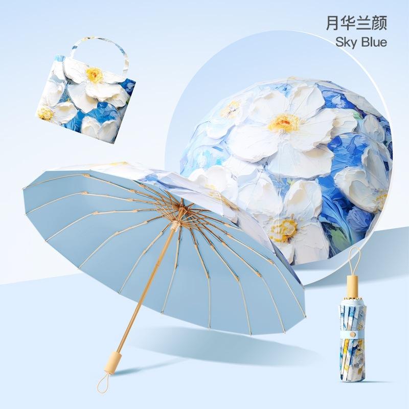 Spot three-fold retro color glue printed 16-bone parasol female weather and rain dual-purpose anti-ultraviolet folding sun umbrella