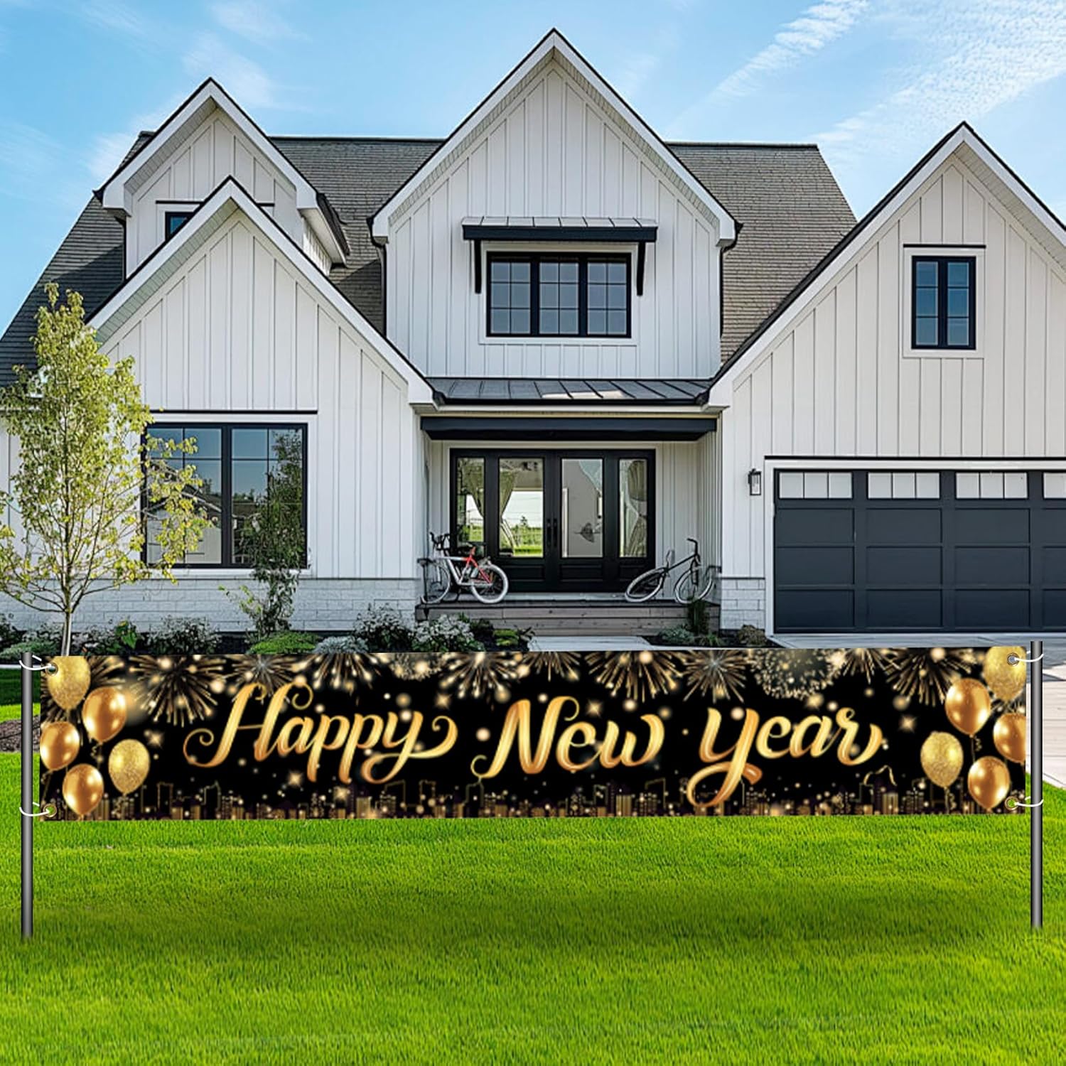 Happy New Year Banner, Large New Year Decorations Banner, 120x20 Inch New Year s Yard Sign Backdrop with Firework for Home 2026 Lunar New Years Eve New Year-B