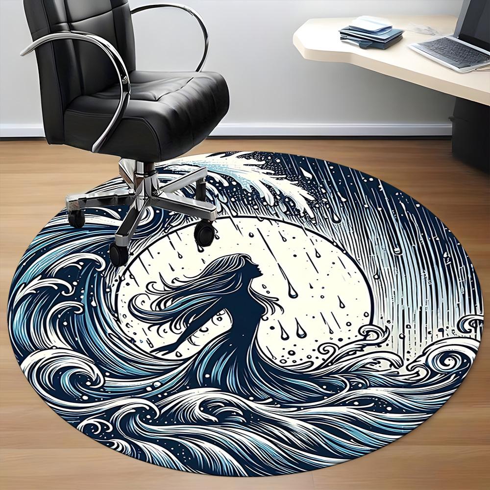 1pc Ocean Waves Office Round Area Rug, Indoor Mat Suitable For Office, Under Office Chairs Bedroom Living Room Home Decor234