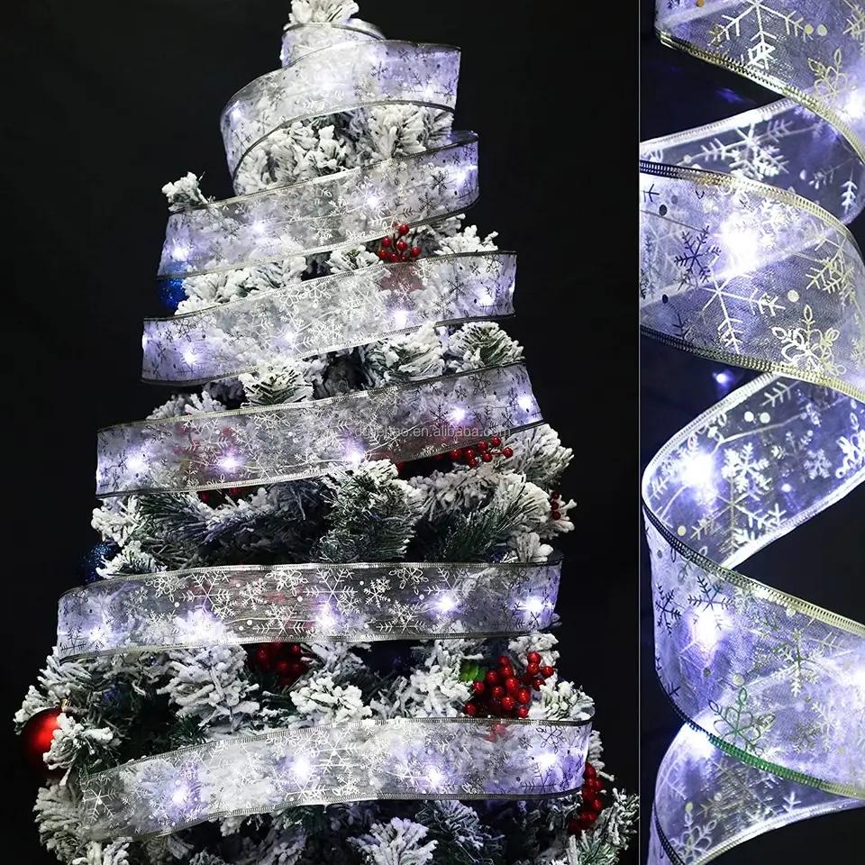 10M Christmas Light String Ribbon for Christmas Tree Decoration Double Layer Gold Stamping Luminous Ribbon Lamp Lace DIY Led Lights