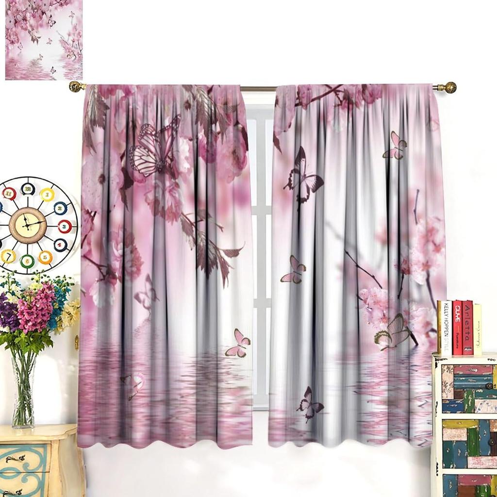 Pink Tropical Cherry Blossom Curtains Beautiful Summer Jungle Orchids Hibiscus Butterfly Window Drapes Darke Curtain With Rod Pocket Polyester