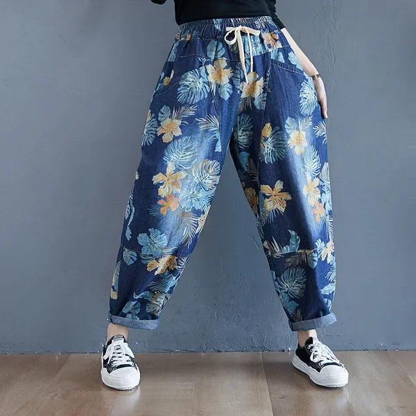 

Джинсы-шаровары с винтажным принтом, женские, с высокой талией, на шнурке, повседневные, джинсовые брюки, корейский стиль, свободные, большие, женские XXL