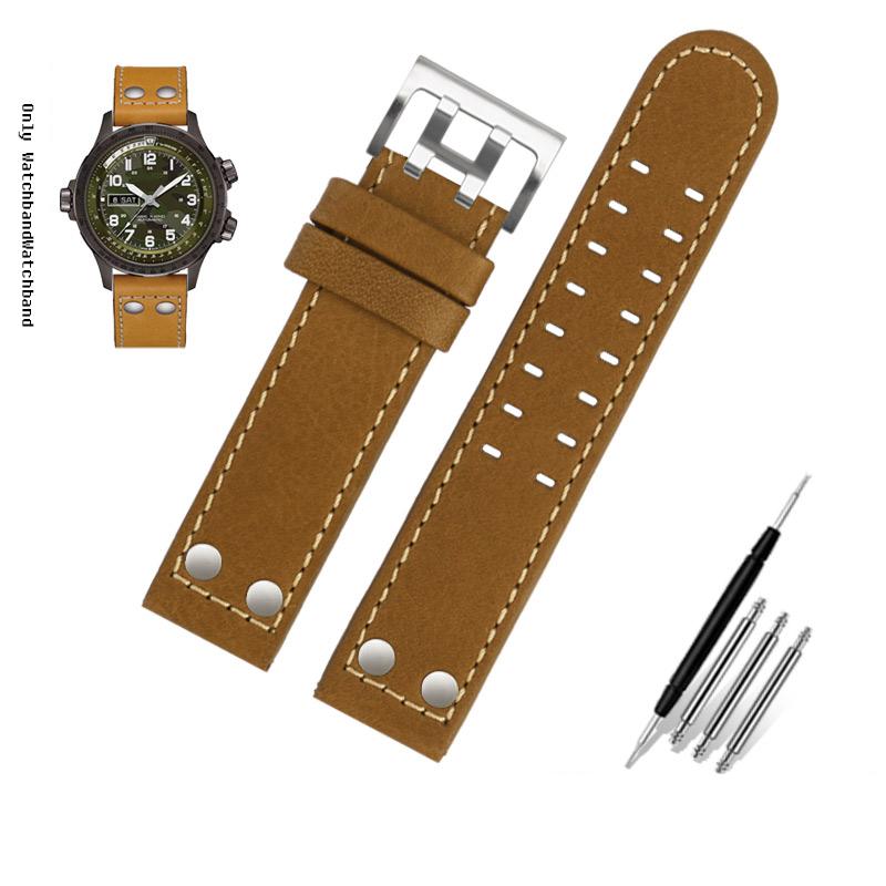 Για Λουράκι Ρολογιού Hamilton Khaki Aviation H77616533 H760250 Field Ανδρικό Γνήσιο Δέρμα Rivet Λουράκι Ρολογιού 20mm 22mm Καφέ Βραχιόλι
