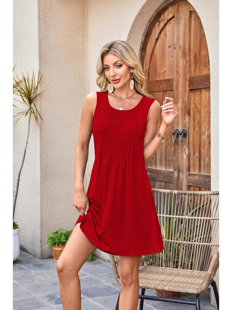 European American Women's Sleeveless Drawstring Pocket Dress - Round Neck Print