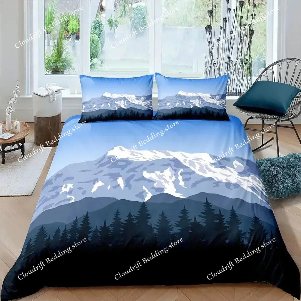 Snow Mountain Duvet Cover Set 3D Sea Waves Bedding Set Landscape King Size Comforter Cover Nature Scenery Polyester Quilt Cover
