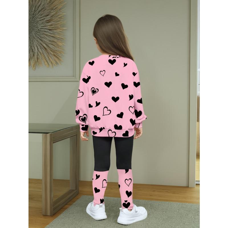 Girls' Summer New Arrival Fashion Heart Print Round Neck Long Sleeve T-Shirt + Casual Patchwork Pants Set with Cute Cat Pattern Two-Piece Outfit
