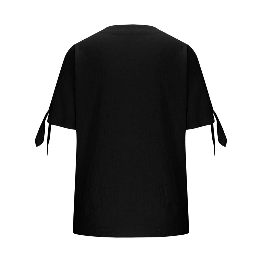 Womens V Neck Short Sleeve Blouse with Button and Tie Sleeve Casual Loose Fit Top for Daily Wear Office School