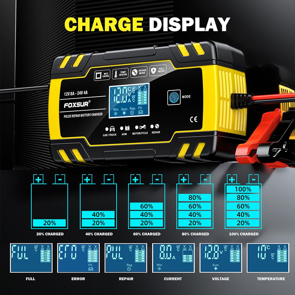 Smart Car Battery Charger for 12V 4A / 24V 8A Truck Motocycle RVs Boat AGM Gel Lead Acid Batteries with Pulse Repair LCD