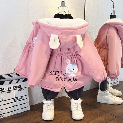Autumn Winter Boys Girls Jacket Plus Velvet Coats Cartoon Rabbit Hooded Windbreak Outerwear Children Clothing