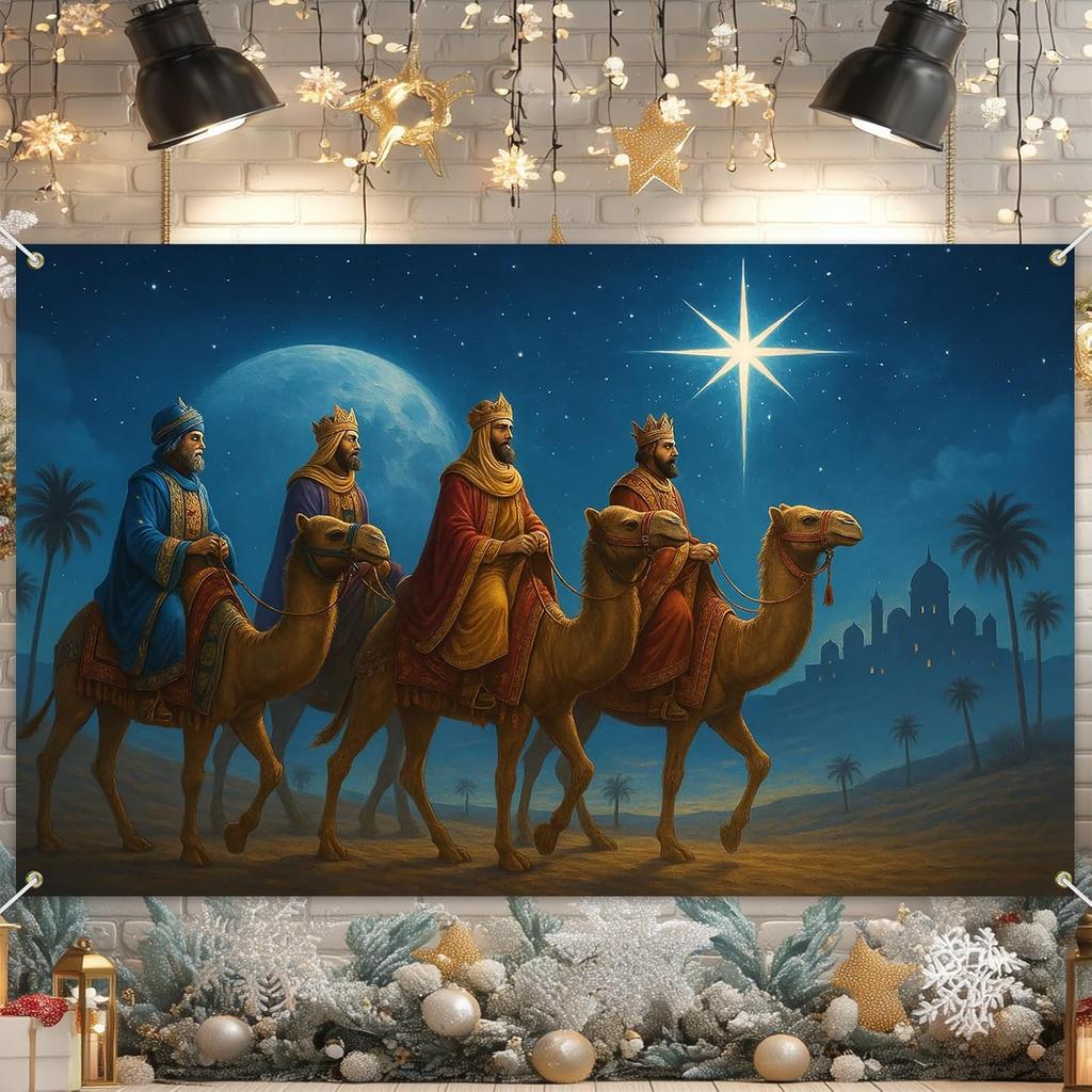 Three Kings Banner 71x43 Inch Three Wise Men Nativity Scene Holiday Backdrop Star of Bethlehem Religious Background for Indoor Outdoor Xmas Party