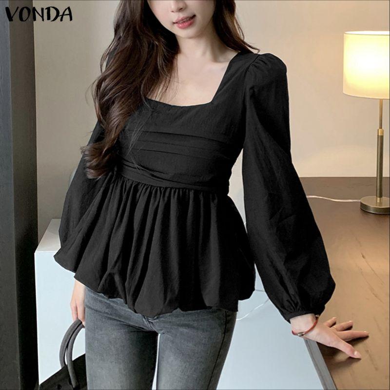 VONDA Womens Square Collar Long Sleeve Ruffled Casual Rumple Blouse Shirts