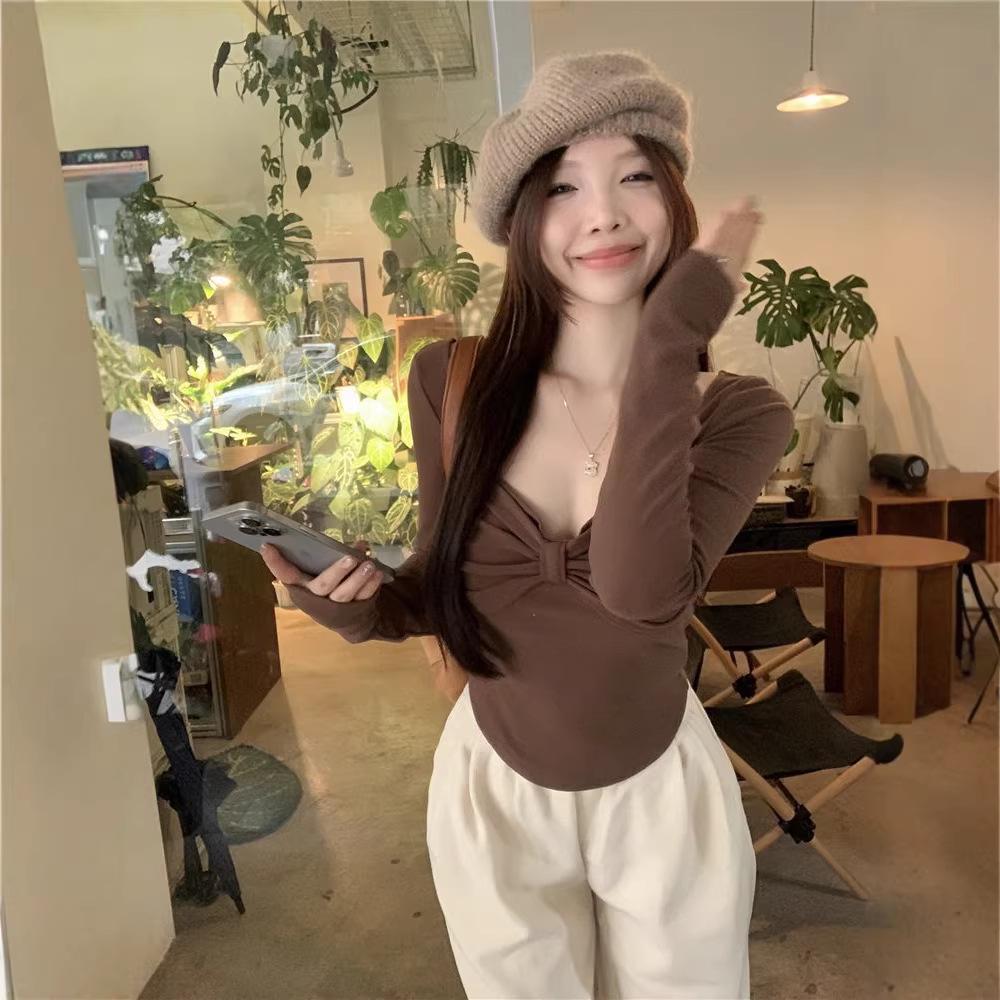 2025 Autumn/Winter Women's Coffee Bowknot Slim Fit Long Sleeve Base Layer Top
