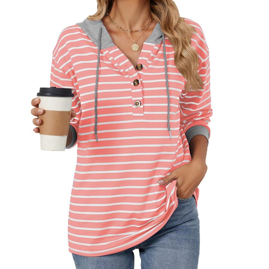 Women Autumn Winter Striped Pullover Long Sleeves Hoodies Contrasting Splicing Hooded Loose Sweatshirt for Women