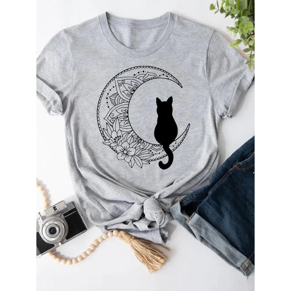 

Moon Cat Lovely 90s Short Sleeve T-shirts Women Cartoon Shirt Clothing Fashion Summer Female Print T Top S