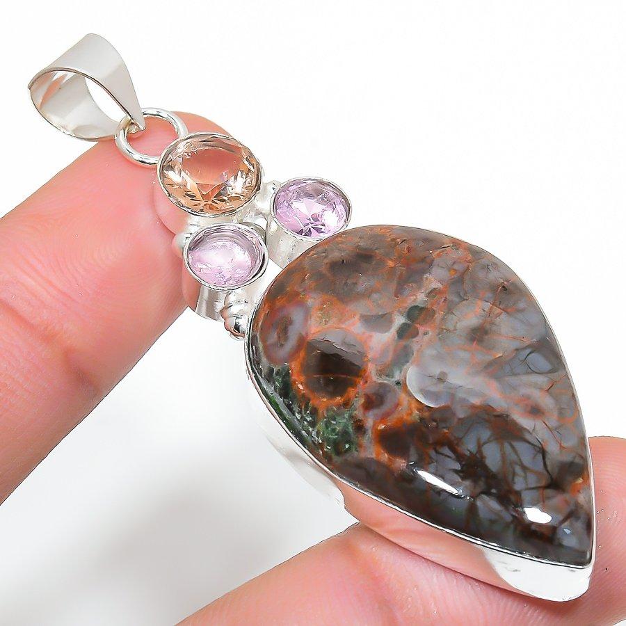 

Ghost Eye Jasper, Kunzite Gemstone Handmade Ethnic Jewelry Pendant 2.56 SR-6354