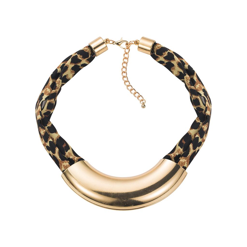 Retro Geometric Fabric Metal Necklace, Exaggerated Temperament Leopard Print Design Sense Collarbone Chain
