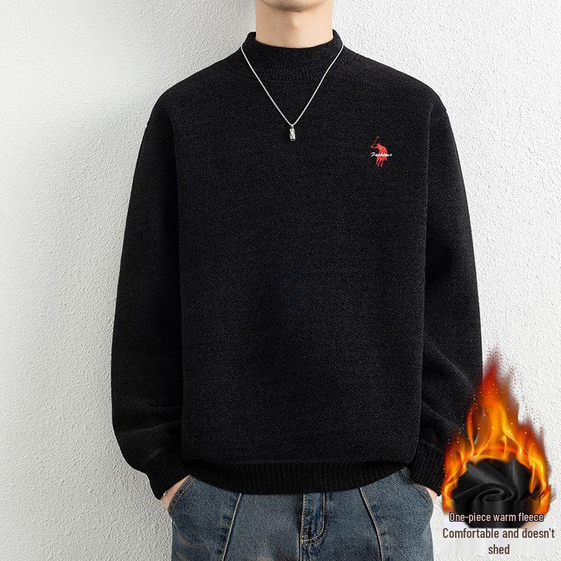 KM1336 Men s Winter Mid-Neck Embroidered Velvet Sweater 2XL (145-165 kg) чёрный