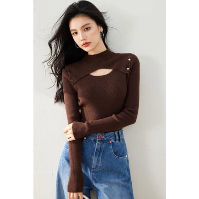 Maglione alla moda nero lavorato a maglia da donna, design traforato, collo semi-alto, taglio dritto, snellente la figura