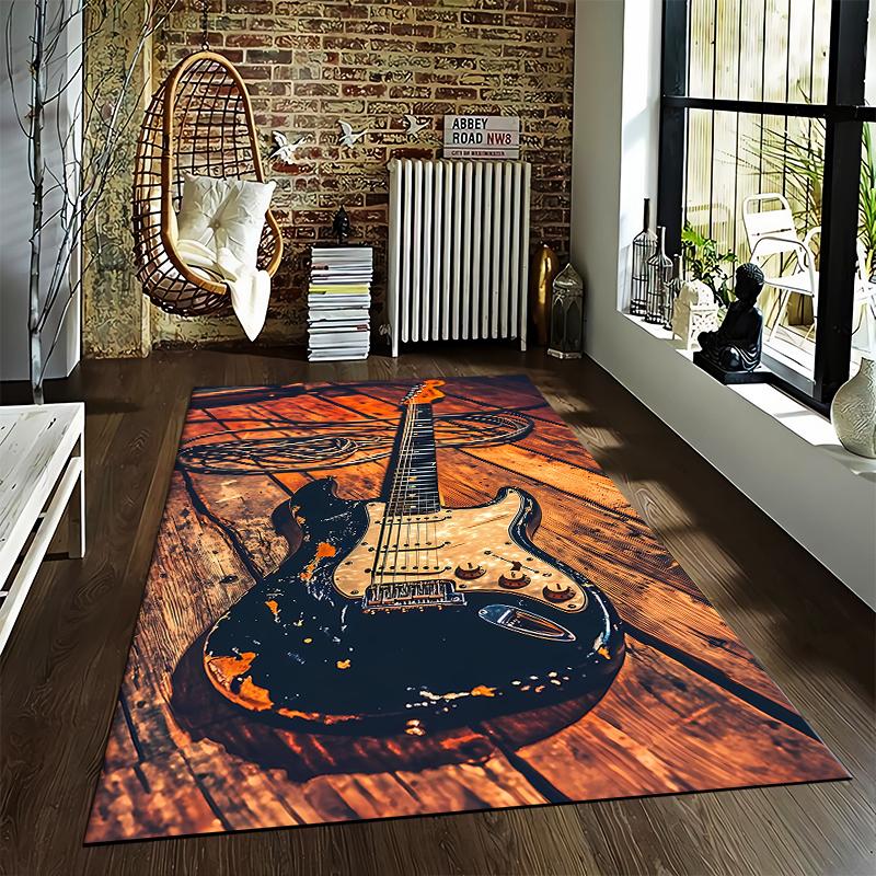 Electric Guitar Art Print Carpet with Rustic Wooden Background Design Suitable for Use As an Anti-slip for Living Room Bedroom Sofas