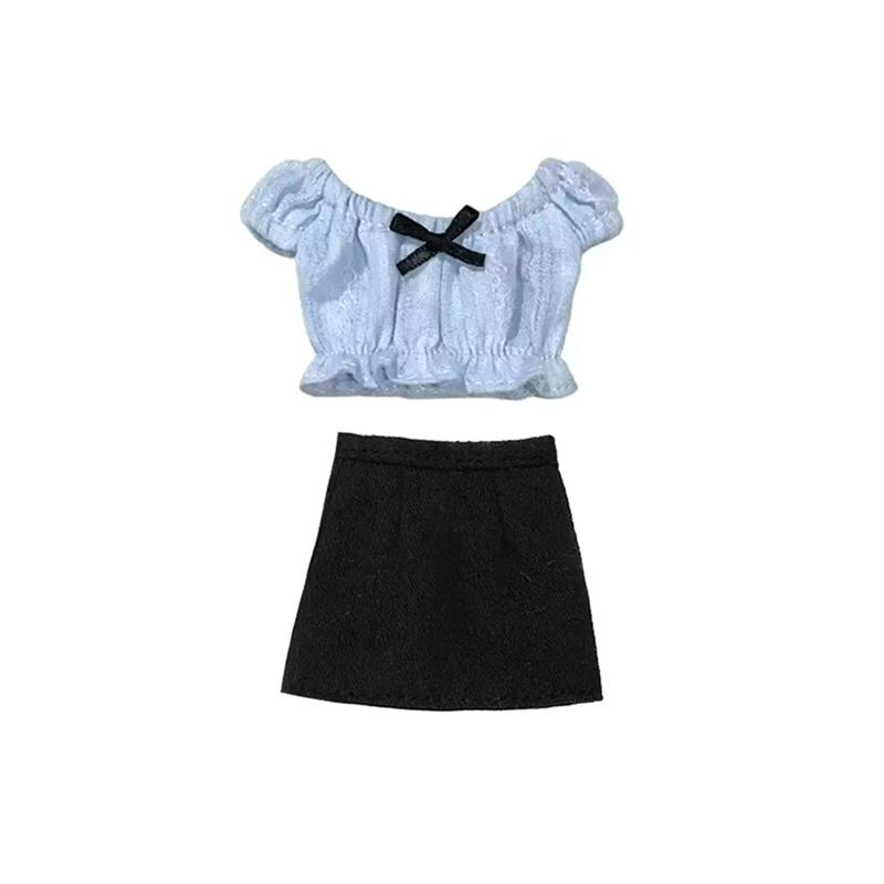 DLBell Fashion Blythe Clothes Off Shoulder Bow Top and Mini Plaid Short Skirt for Blythe OB24 Licca Pullip 1/6 Dolls Outfit