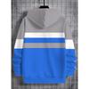 Boys' color blocked hooded sweatshirt with simple mountain pattern design in gray, blue, and white stripes