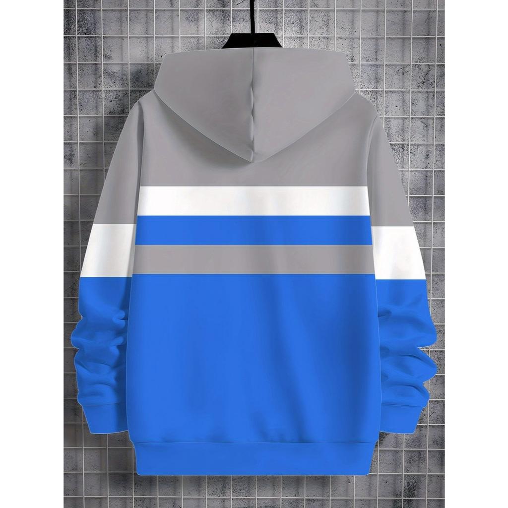 Boys' color blocked hooded sweatshirt with simple mountain pattern design in gray, blue, and white stripes