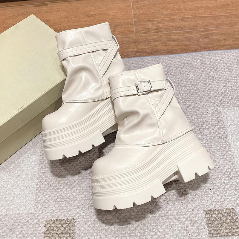 Fashion Women High Platform Ankle Boots Autumn Winter Gothic Style Leather Shoes Buckle Punk Motorcycle Boots Round Toe Chunky Sneakers