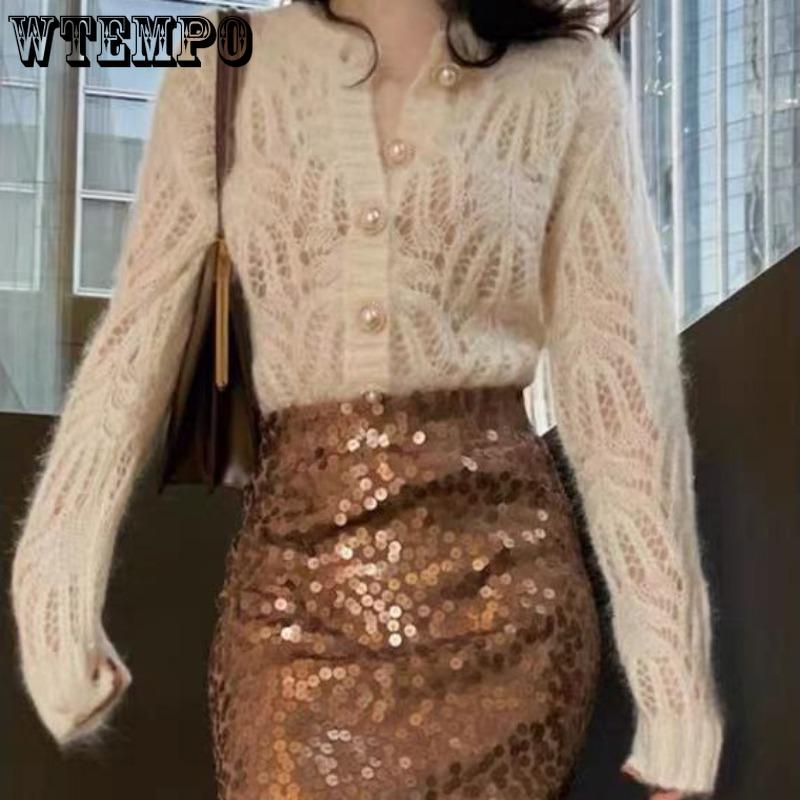 WTEMPO Dámský svetr s dlouhým rukávem jaro podzim vydutý měkký pohodlný úplet Volné elastické topy s knoflíkem nahoru