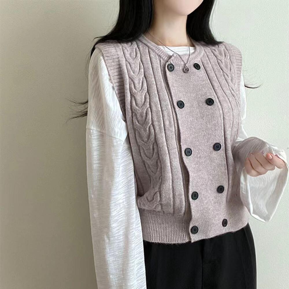 

Корейская мода вязание двубортный свитер зимний ретро вязаный новый дизайн кардиган женский эстетичный повседневный джокер без рукавов жилет One size светло-фиолетовый