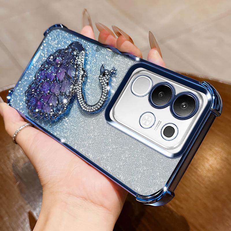 KEYSION Shockproof Plating Phone Case for VIVO Y29 4G Clear Soft TPU Glitter Jewelled Swan Kickstand Back Cover for IQOO Z10X 5G