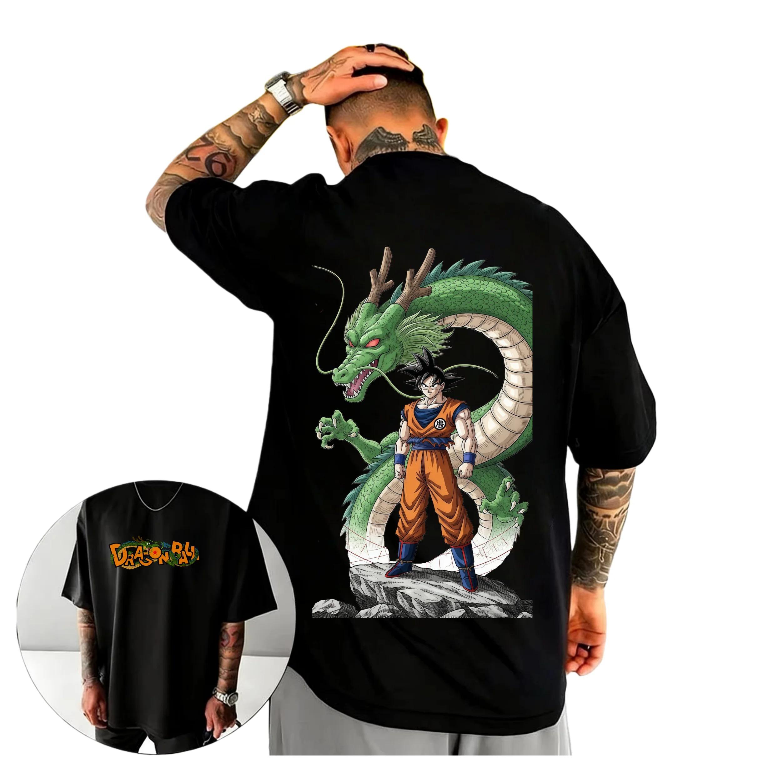 

Dragon Ball Goku & Shenron Anime Black Comfortable Fashion Vintage Double-Sided Band Graphic Print Women And Men T-shirts 4XL