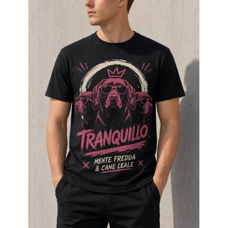 Men s black short-sleeve crew neck t-shirt with cool dog graphic print, soft cotton feel, relaxed fit for casual daily wear S чёрный
