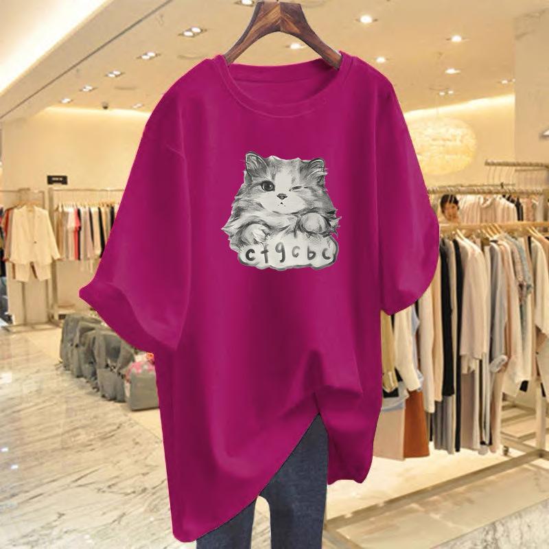 Women's Summer Loose Cartoon Cat Print Cotton T-Shirt
