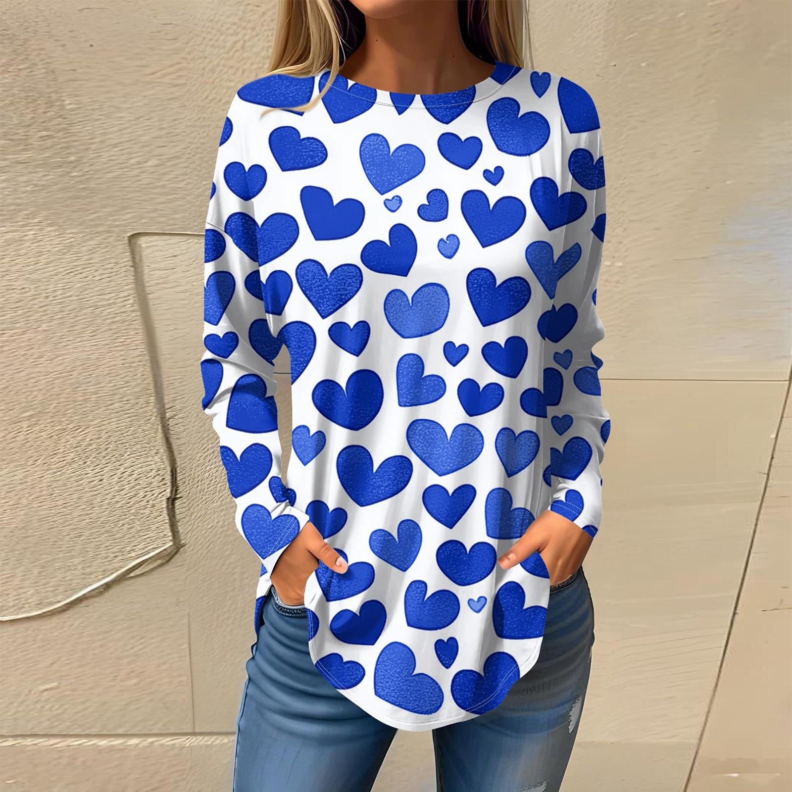 

Футболки женские осенние повседневные рубашки с длинным рукавом толстовка винтажный графический принт топ пуловер ко Дню святого Валентина XXL синий