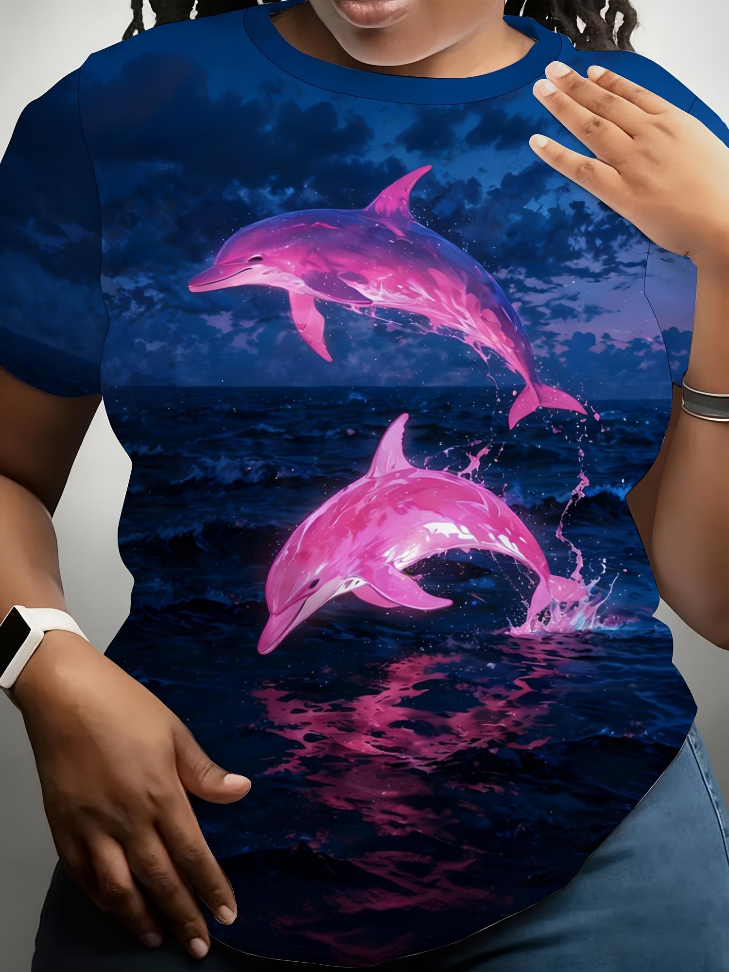 Fantasy Night Pink Dolphin Print Short Sleeve T-Shirt. Trendy Ocean Style Loose Round Neck Top. Women S Clothing. Women S Digital Print Short Sleeve XL
