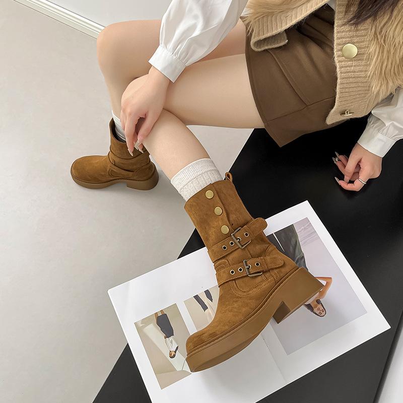 Thick-soled British Martin Boots Women's 2025 Autumn and Winter Skinny Pile Boots Short Boots Brown Frosted Coarse Heel Knight Boots