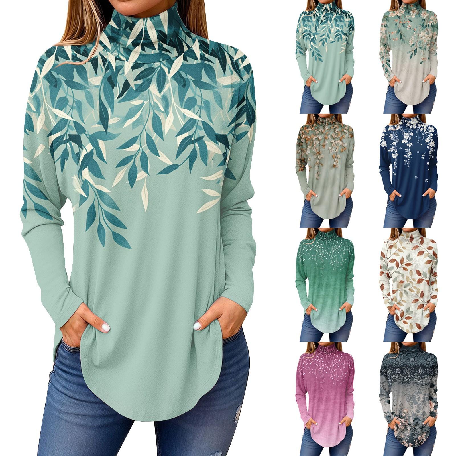 

Жіночі футболки для осені Повсякденні сорочки з довгими рукавами Світшоти Вінтажний пуловер з високим горлом і принтом S