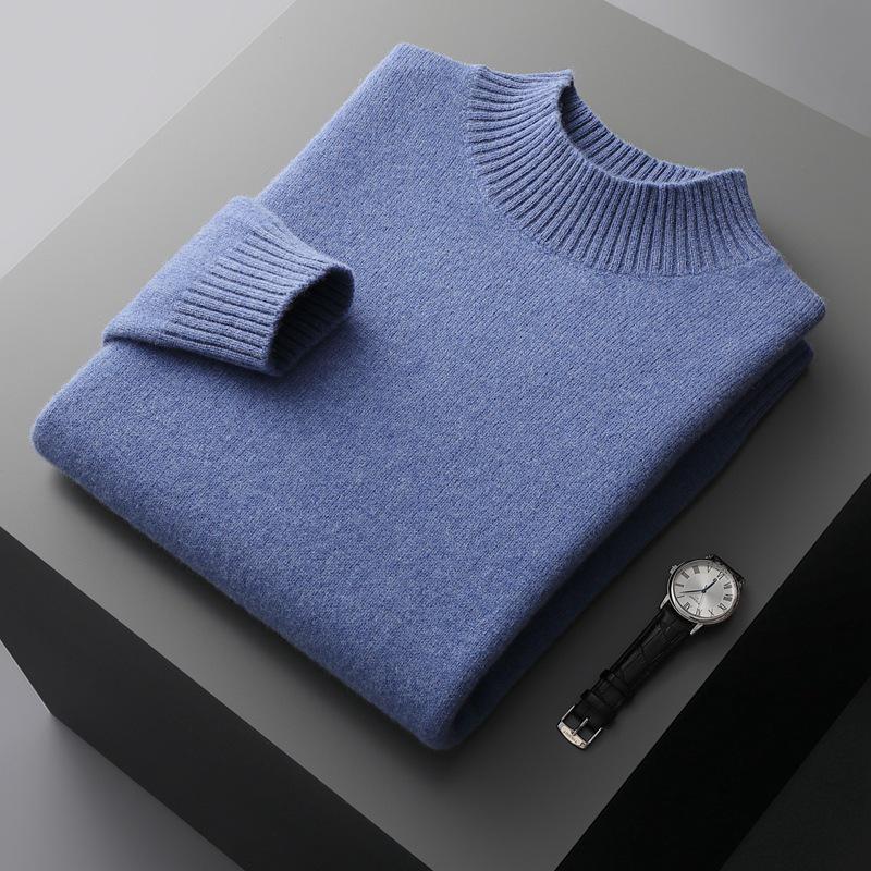 100% Pure Wool Men's Thick Half-High Collar Sweater, Business Fashion Knit Plus Size Sweater.