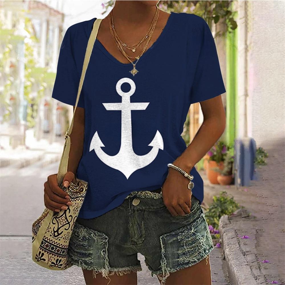 

Летние футболки оверсайз с принтом якоря, топ для женской одежды, V-образный вырез, женская мода, большие размеры 2024, новый стиль, футболка для женщин 8XL
