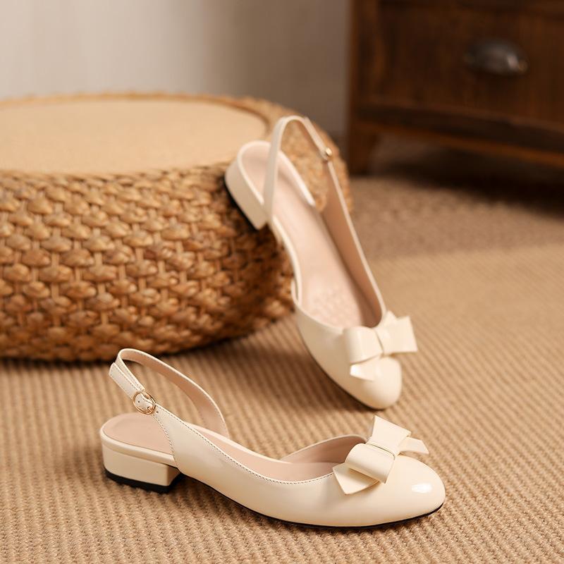 2025 New Bow Round Head Thick Heel High Heels Versatile Niche Bag Head Word with Sandals Women's Empty Single Shoes