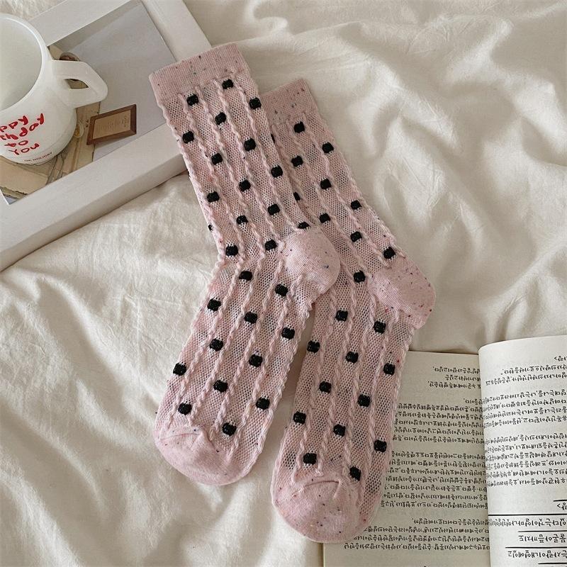 

Женские весенне-летние тонкие сетчатые носки-гольфы с закруткой и точками из дышащего хлопка 1 pair розовый