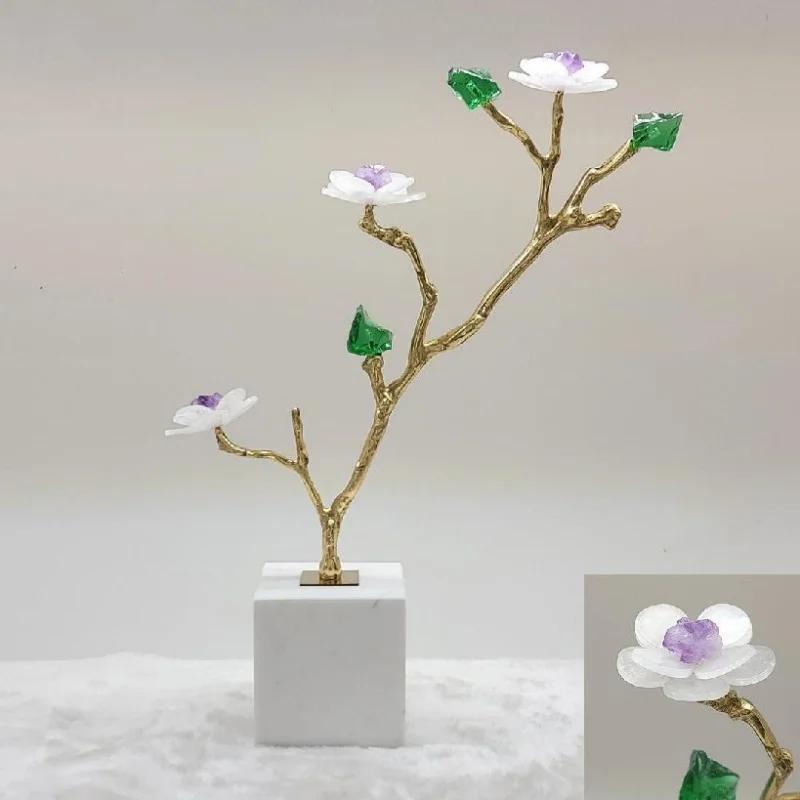 Natural Crystal Flower Metal Tree Golden Branches Crystal Sculpture Metal Figurine Marble Home Decoration Accessories