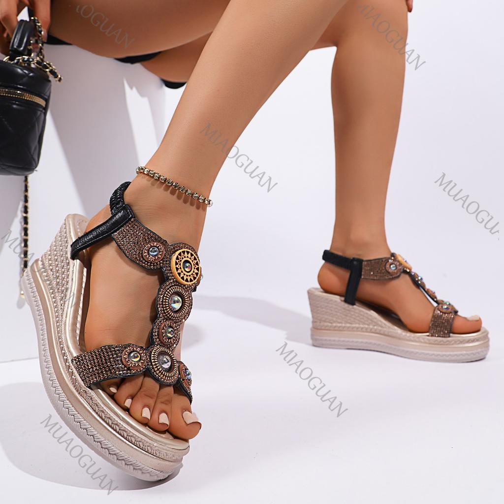 Fashion Crystal Decor Wedge Sandals for Women Bohamian Style Chunky Platform Sandalias Femmes Summer Thick Bottom Beach Sandales Shoes