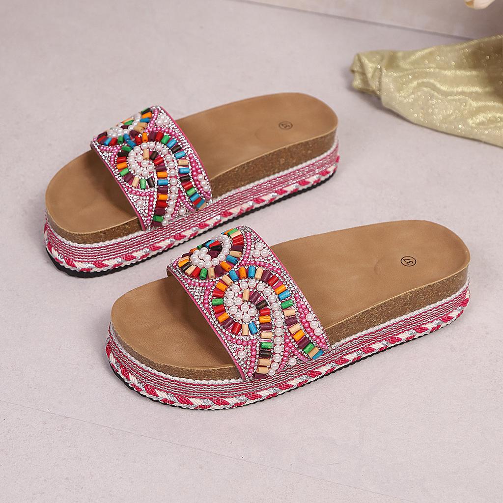 Damen Pantoffeln Plateau Sommerschuhe für Damen 2026 Neue Strand Sandalen Lässige Sandalen Bohemian Handgemachte Pantoffeln Damen Schlappen Damen